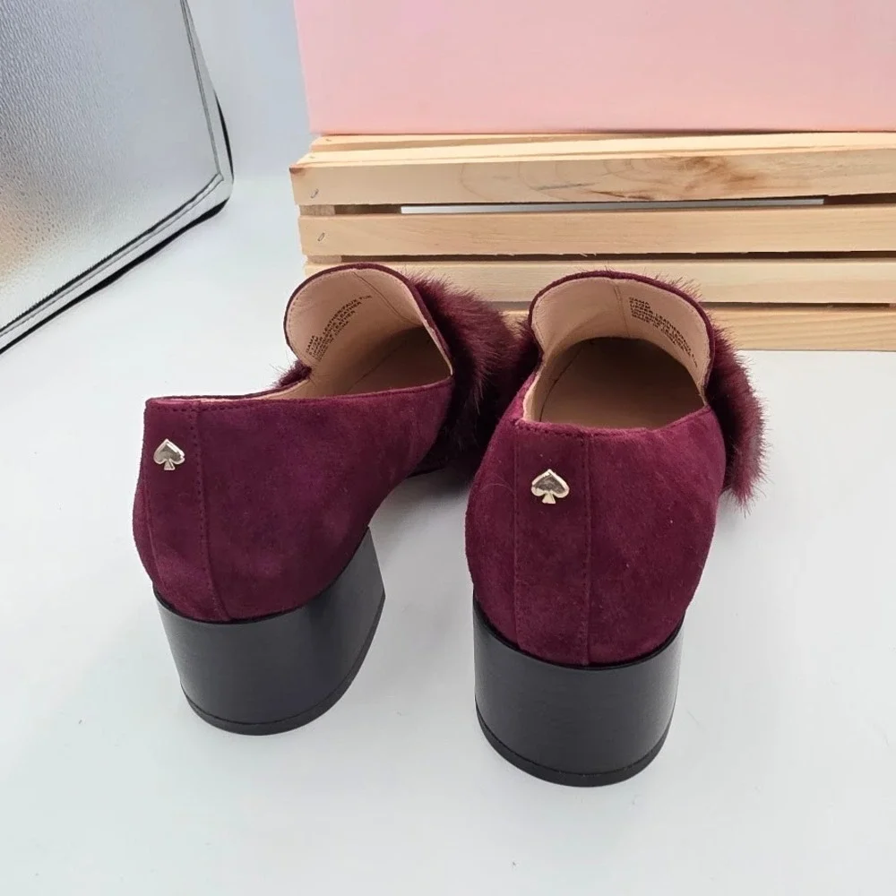 Kate Spade Gama Loafers Women 5.5 Cherrywood  Suede Faux Fur Block Heel S3150010